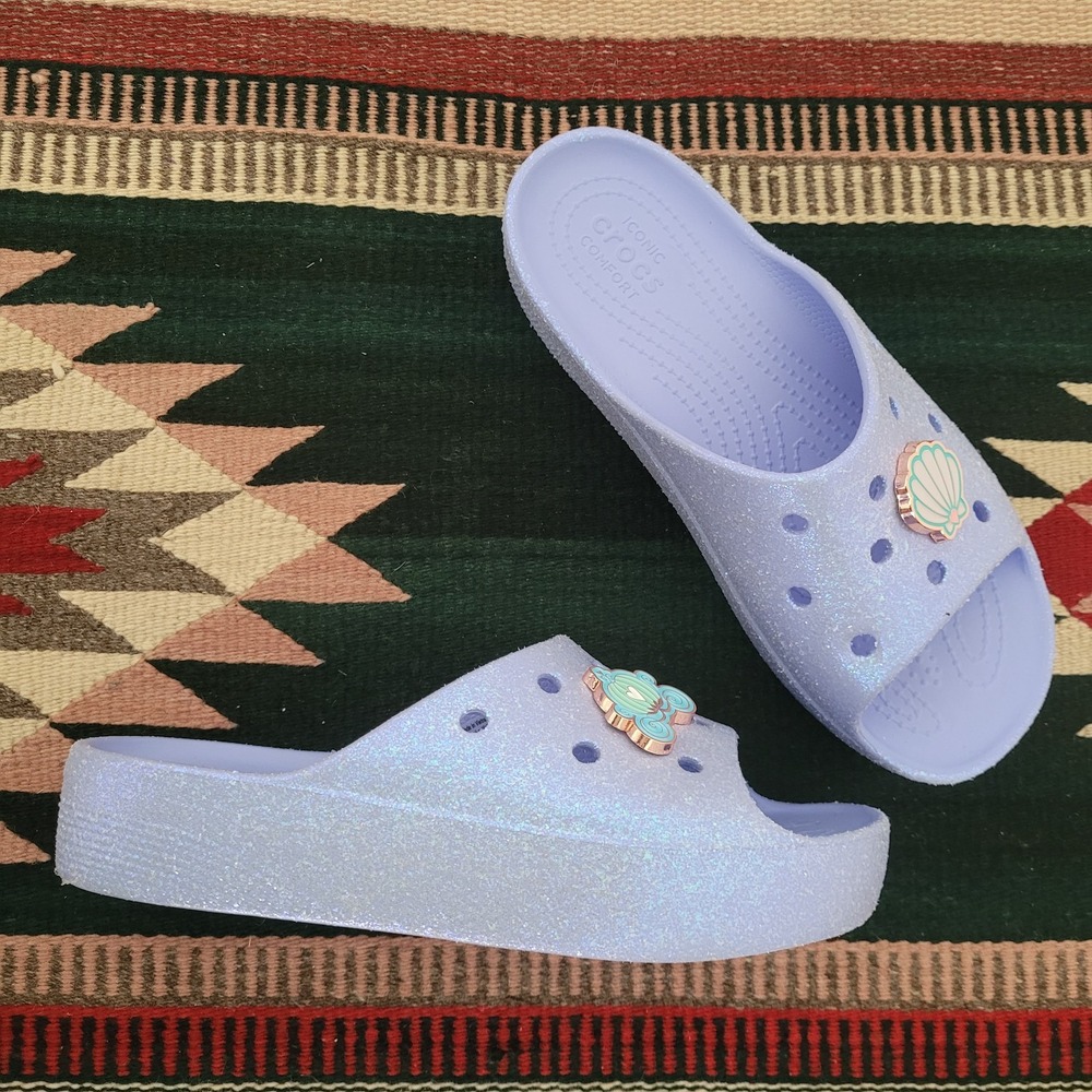 Crocs Classic Slide‎ Platform Sandals Sz 7 Lavender Moon Jelly Glitter Princess